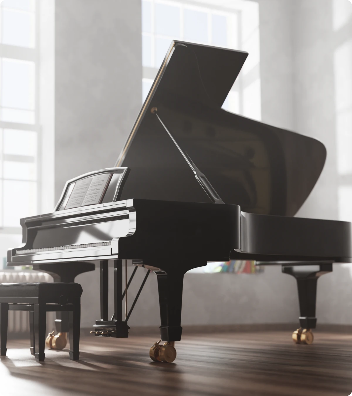 Sunlit grand piano on wooden floor